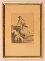 Anders Zorn (1860-1920): Női aktok a parton. Litográfia, papír, jelzett, üvegezett kertben, 19×14 cm