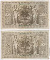Német Birodalom 1910. 1000M (4x) hétjegyű sorszám, zöld pecséttel T:III 
German Empire 1910. 1000 M...