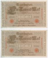 Német Birodalom 1910. 1000M (4x) hétjegyű sorszám, piros pecséttel T:II-,III German Empire 1910. 1000 Mark (4x) 7 digit serial with red seal C:VF,F Krause 45.b