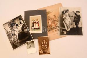 cca 1930 6 db magyar népviseletes fotó + 2 db nyomat, egy részük hátulján feliratozva, különböző méretben