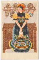 10 db RÉGI és MODERN folklór motívumos képeslap, kézzel készült tartóban / 10 pre-1945 and modern fo...