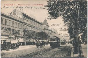 Budapest VIII. Múzeum körút, Neumann M. Férfi és Fiú ruha telepe, villamosok