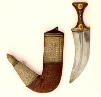 Díszes handzsár tőr, bőr borítású fa hüvellyel, fém rátétekkel, pengehossz: 21 cm, teljes hossz: 32 cm /  RIchly ornated khanjar dagger with leather-clad wooden scabbard with metal inlays, blade length: 21 cm, full length: 32 cm