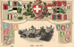 Caux, Palace Hotel, Swiss coat of arms and stamps, Atelier K. Guggenheim & Cie 16544. Emb. litho (pinholes)