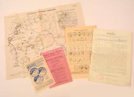 cca 1915-1930 Kis vegyes okmány-nyomtatvány tétel: kitöltetlen személyi lap, I. világháborús térkép, elismervény, stb., összesen 5 db