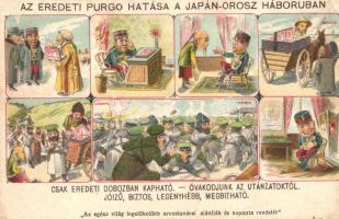 Az eredeti Purgo hatása a Japán-Orosz háborúban, humoros grafikai reklámlap / Purgo laxative advertisement, humorous graphic art posctard, Russo-Japanese war, litho (EK)