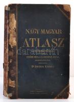 Dr. Brózik Károly: Nagy magyar atlasz. A Magyar Földrajzi Társaság. Megbízásából Erődi Béla és Berecz Antal közreműködésével. Budapest, 1906, Lampel R Könyvkereskedése (Wodianer F. és fiai), 158 színes térkép. Kiadói aranyozott félbőr kötésben. Komplett. Megviselt állapotban. A borítója, a gerince és a kötése sérült, a gerincéről a borító levált, de a könyvtest egyben van, pár lap kijár, a 108/109. oldal szakadt.  / Large Hungarian Atlas, in hungarian language, with 158 maps, complete, damaged.