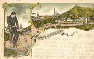 1899 Versec, Werschetz, Vrsac; látkép kerékpáros férfivel / general view with bicycle man, Art. Anst. J. E. Kirchner, Art Nouveau litho (EK)