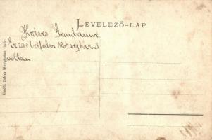 1908 Győr, Rábca meder betöltésének emlékére, kotróhajó, zsinagógával a háttérben. Salcer fényképész...