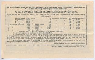 Budapest 1929. "52. Magyar Királyi Állami Sorsjátékra" egész-sorsjegye, 3P értékben T:II-