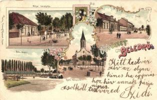 1907 Beled, Gönye vendéglője, étterem, Béla major, Fő tér, Katolikus templom. Kiadja Lugwig Kummert 4018. Art Nouveau, floral, litho (EK)