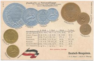 Deutsch-Neuguinea / German-New Guinea; set of coins, flag, silver and golden decoration Emb. litho (wet damage)