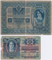 1902. 1000K román felülbélyegzéssel + 1913. 20K felülbélyegzés nélkül T:III-
Adamo K35; K17