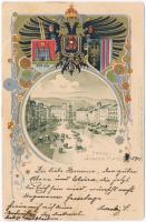 Linz an der Donau; Franz Josefs-Platz, Kgl. Bayer. Hofkunstanstalt Wolfrum & Hauptmann / square, coat of arms, floral, Art Nouveau, Emb. litho (EK)