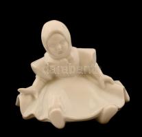 Herendi porcelán ülő kislány békával, fehér mázas, jelzett, hibátlan, m: 8 cm