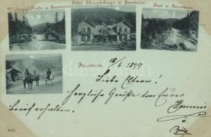 1899 Yaremche, Jaremcze; Wodospad Prutu, Hotel Skczynskiego / waterfall, hotel, horsemen (EB)