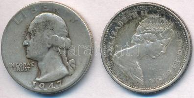 Vegyes: Amerikai Egyesült Államok 1947D 1/4$ Ag "Washington" + Kanada 1965. 25c Ag "II. Erzsébet" T:2-,3 patina Mixed: USA 1947D 1/4 Dollar Ag "Washington" + Canada 1965. 25 Cents Ag "Elisabeth II" C:VF,F patina Krause KM#164; KM#62