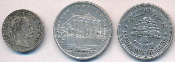 Vegyes: Ausztria 1870. 10kr Ag "Ferenc József" + 1925. 1Sch Ag + Libanon 1952. 50P Ag T:2,2- patina, lapkahiba Mixed: Austria 1870. 10 Kreuzer Ag "Franz Joseph" + 1925. 1 Schilling Ag + Lebanon 1952. 50 Piastres Ag C:XF,VF patina, planchet error Krause KM#2206; KM#2840; KM#17