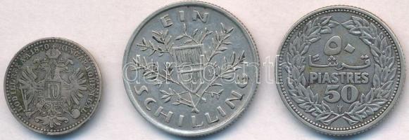 Vegyes: Ausztria 1870. 10kr Ag "Ferenc József" + 1925. 1Sch Ag + Libanon 1952. 50P Ag T:2,...