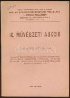 1948 IX. Művészeti Aukció. D.P. képei, műtárgyai, valamint Különböző kastélyokból, és magángyűjteményekből: festmények, metszetek, szobrok, könyvek, kéziratok, ezüstök, szőnyegek, bútorok, porcellánok, óragyűjtemény...stb. Budapest, 1948, Mű és Régiségkereskedelmi Vállalat. Kiadói papírkötés, ceruzás bejegyzéssel, egyébként jó állapotban.