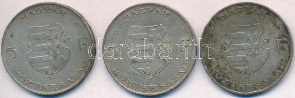 1947. 5Ft Ag "Kossuth" (3x) T:2-,3 patina, ph., enyhén hajlott