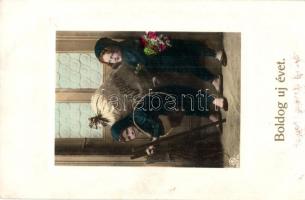 'Boldog új évet' / New Year greeting postcard, children dressed as chimney sweeper