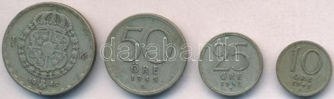 Svédország 1945TS 10ö Ag + 25ö Ag + 1945G 50ö Ag + 1Kr Ag "V. Gusztáv" T:2,2- ph.
Sweden ...