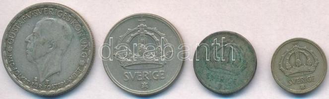 Svédország 1944G 25ö Ag + 1949TS 10ö Ag + 50ö Ag + 1Kr Ag "V. Gusztáv" T:2,2- patina Sweden 1944G 25 Ore Ag + 1949TS 10 Ore Ag + 50 Ore Ag + 1 Krona Ag "Gustaf V" C:XF,VF patina