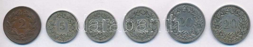 Svájc 1879B 10r Cu-Ni + 1881B 5r Cu-Ni + 1884B 20r Ni + 1894B 20r Ni + 1899B 2r Br + 1900B 5r Cu-Ni ...