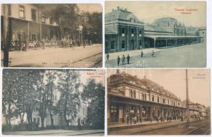 8 db RÉGI magyar városképes lap, vasútállomások; Abos, Tiszaluc, vegyes minőségben / 8 pre-1945 Hungarian town-view postcards; railway stations, mixed quality