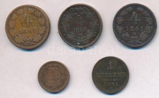 Ausztria 1851A 1kr Cu + 1861A 4kr Cu + Magyarország 1861B 4kr Cu + 1868KB 1kr Cu + 1868KB 4kr Cu T:2-,3 patina, ph. Austria 1851A 1 Kreuzer Cu + 1861A 4 Krauzer Cu + Hungary 1861B 4 Kreuzer Cu + 1868KB 1 Kreuzer Cu + 1868KB 4 Kreuzer Cu C:VF,F patina, edge error