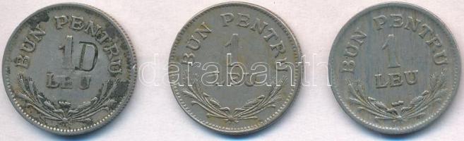 Románia 1924. 1L Cu-Ni (3x) 2db klf, egyiknek előlapján "M", hátlapján pedig "D"...