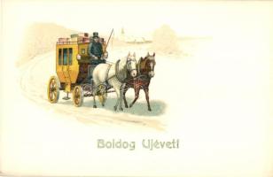 Boldog Újévet! / New Year, horse cart, litho