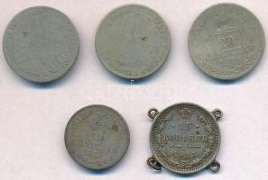 5db-os vegyes magyar és külföldi rossz minőségű ezüstpénz tétel, közte 1870GYF 20kr Ag "Váltó P...