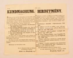 1858 Hirdetmény rablók feljelentésére buzdító jutalmak kijelöléséről  / Order about reporting burglars. Bylingual poster. 42x34 cm