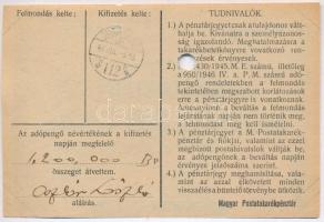 1946. 1.000.000AP nem kamatozó Pénztárjegy "Másra Át Nem Ruházható", "M.Kir.Postataka...