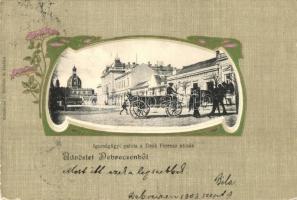 Debrecen, Igazságügyi Palota, zsinagóga, Deák Ferencz utca, Kávéház és Szálloda a Zöld fához, lovasszekér, Art Nouveau; Komáromi I. felvétele és kiadása  (EK)