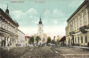 Szatmárnémeti, Satu Mare; Református templom, Weisz Zoltán és Lefkovits üzlete, Szatmári Gazdasági Bank / Calvinist church, shops, bank