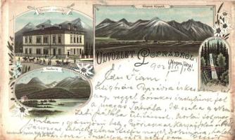 1902 Poprád, Nemzeti szálloda, Csorbai tó, vízesés, Schvidernoch Ágoston, litho / hotel, lake, mountains, waterfall (EK)