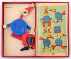 Régi, húzogatós fa építőjáték; hiánytalan, szép állapot, saját dobozában, összeállítási ábrákkal