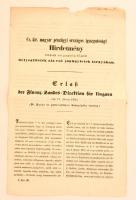 1868 A Pozsonyi Magyar Jelzálogbank megalakulásáról szóló hirdetmény, valamint a részvényjegyzési felhívás. Plakát ragasztással a hátoldalon. HIrdetmény szignettával. 43x53 cm