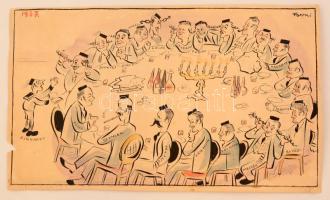 1937 Forrai szignós gúnyos, antiszemita akvarell alkotás / anti-semitic watercolor painting, 20×35 cm