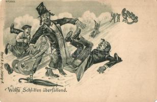 Wölfe Schlitten überfallend, Regel & Krug No. 3009., Leipzig / Jewish businessmen, winter sports, Judaica / Anti-Semitic humour (EM)
