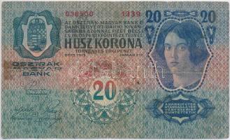 1913. 20K román felülbélyegzéssel T:III- ly., ragasztott