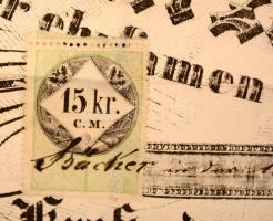 1858 Fürstenfled, Pékek céhének mesterlevele. Díszes kőnyomatos levél pecséttel. 15kr CM okmánybélye...