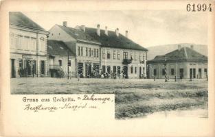 Szászlekence, Lekence, Lechnitz, Lechnita; Fő tér, gyógyszertár, Jacob Schreiber üzlete / main square, pharmacy, shops