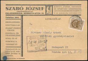 1940 Zalaegerszeg, Szabó József Cserkészüzletének levelezőlapja