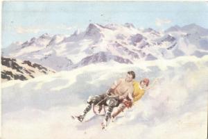 Sledding couple, winter, A. Guarneri Serie III.