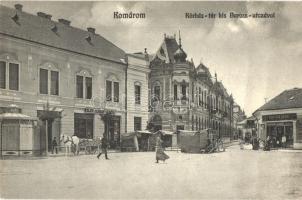 Komárom, Komárno; Kórház tér, kis Baross utca, Klein Herman és Társa, Schwarz Samu üzletei, 1977-ben postázva / square, street, shops