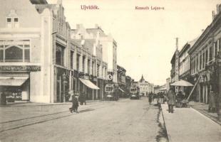 Újvidék, Novi Sad; Kossuth Lajos utca, Moskovits Anatómiai Cipőgyár Rt., villamosok / street, shoe shop, trams